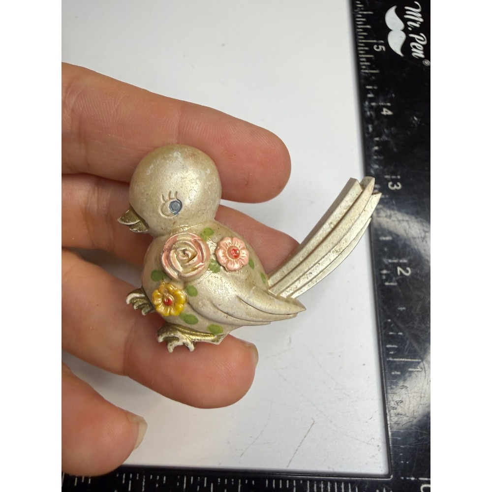 Vintage Celluloid Bird Brooch Pink Yellow Floral Cream Figural Pin Retro Animal